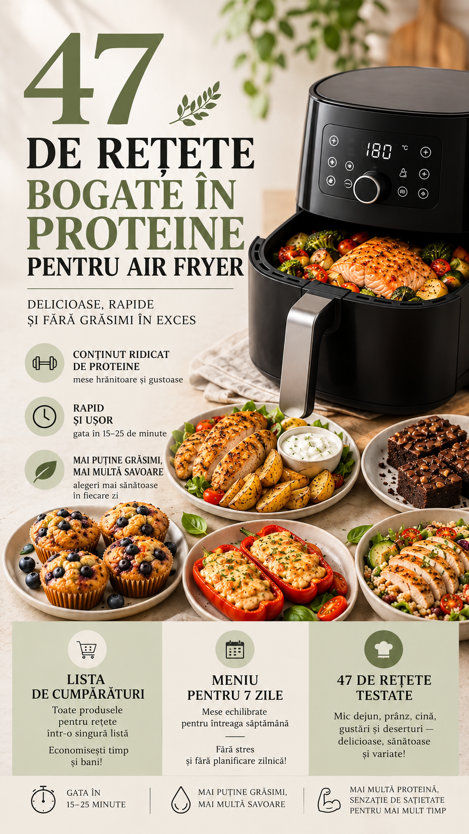 47 de rețete bogate în proteine pentru Air Fryer + meniu pentru 7 zile + listă de cumpărături