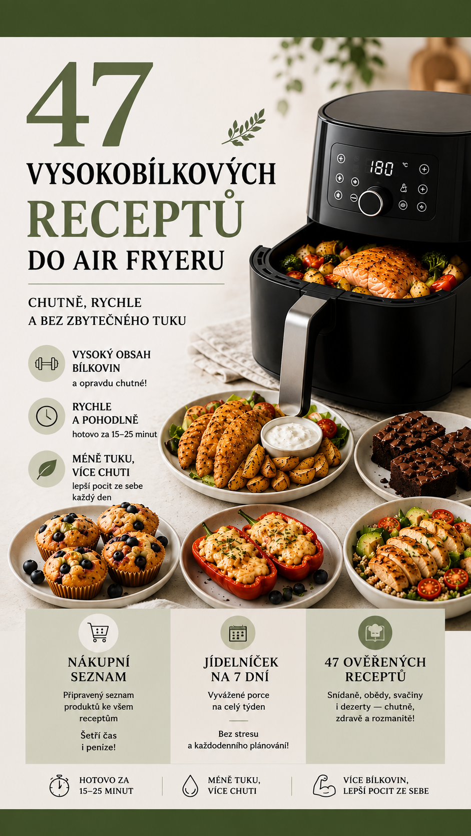47 vysokobílkovinných receptů do horkovzdušné fritézy + 7denní jídelníček + nákupní seznam