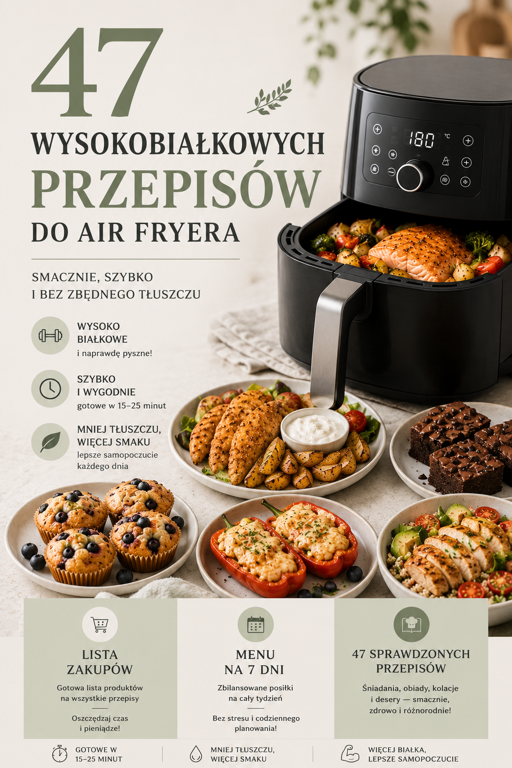 47 wysokobiałkowych przepisów do Air Fryera + 7-dniowe menu + lista zakupów